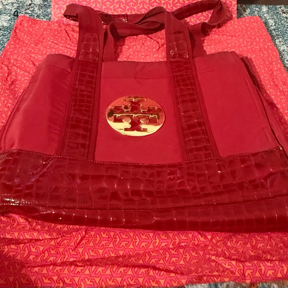 Tory Burch Nylon Red Tote Bag with Gold Logo
